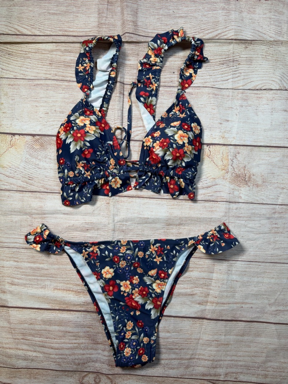 NWOT Navy Micro Floral Ruffle Bikini Set
